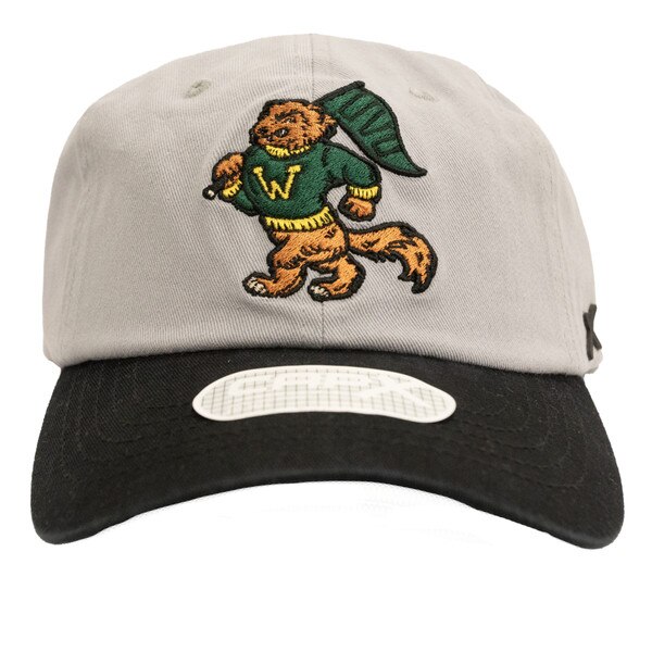 CapX Vintage adjustable hat from the front with a cartoon style mascot caring a flag, grey with black brim and accents